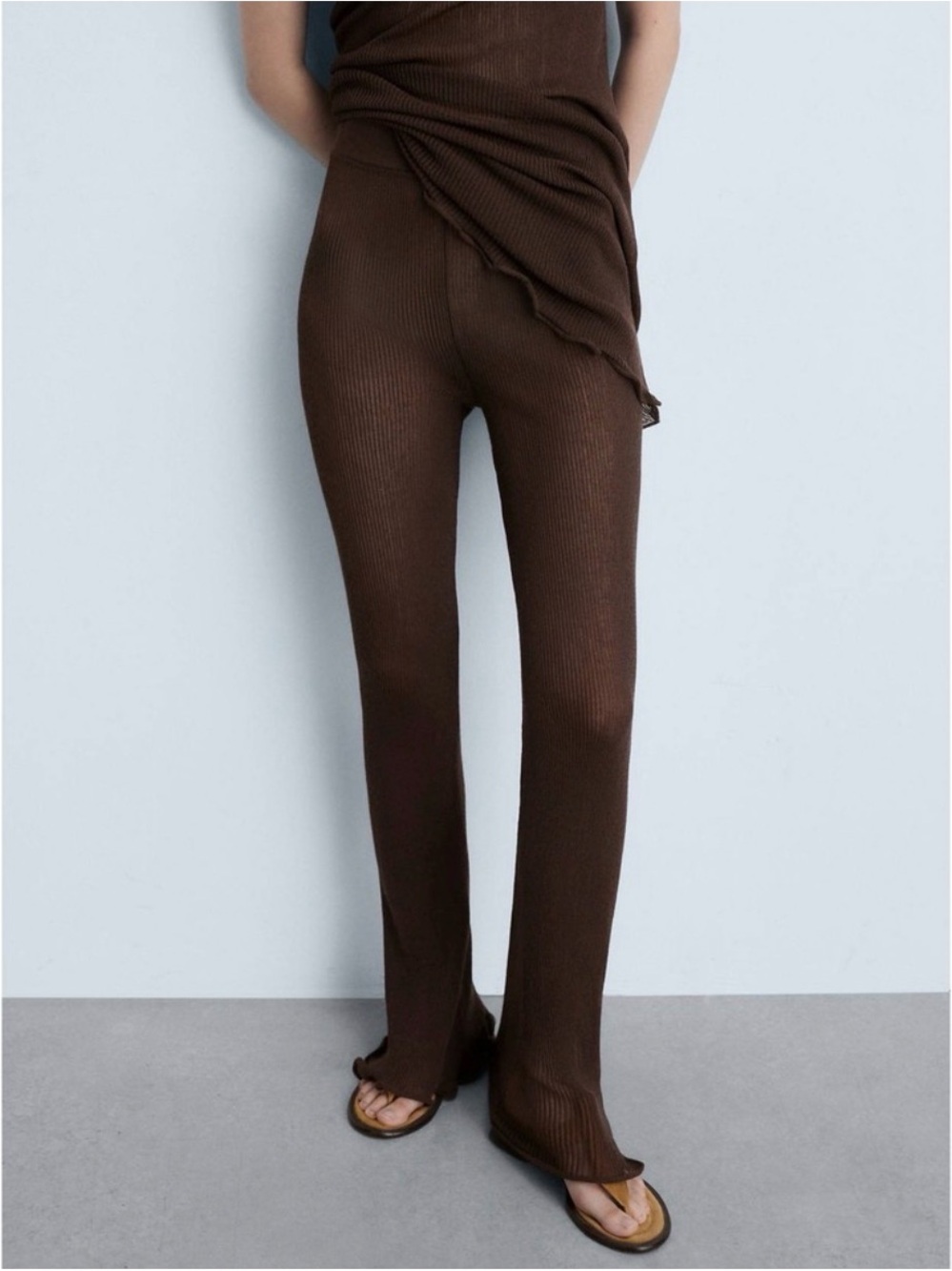 Mango MNG Women’s Ribbed Knit Flared Pants Dark Brown Lettuce Hem J5